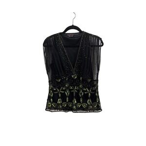 Marina Black Green Sequin Beaded Mesh Top Whimsy Fairy V-Neck blouse Large
